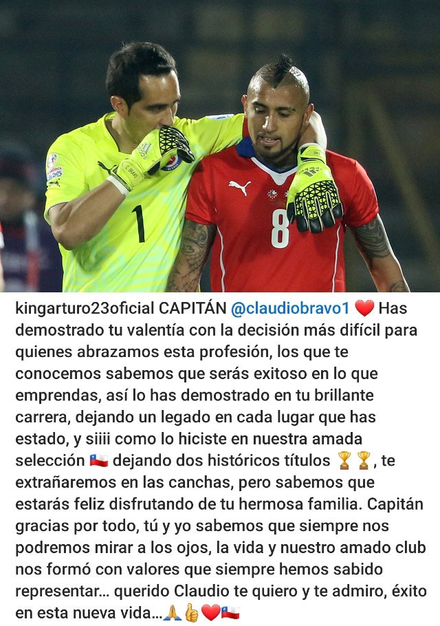 Arturo Vidal al retiro de Claudio Bravo